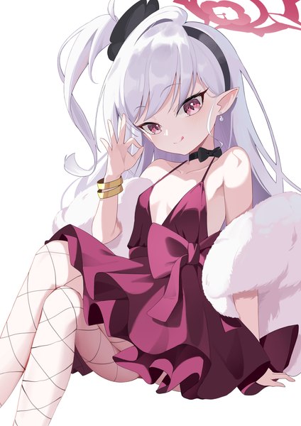 Anime picture 2894x4093 with blue archive mutsuki (blue archive) mutsuki (dress) (blue archive) dowal single long hair tall image highres light erotic simple background white background sitting silver hair pink eyes pointy ears arm support one side up official alternate costume ok sign girl