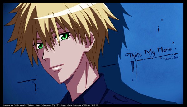 Anime picture 2100x1200 with kaichou wa maid-sama! takumi usui fujiwara hiro highres blonde hair wide image green eyes border boy wall