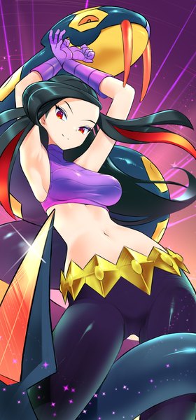 Anime picture 1599x3421 with pokemon pokemon (game) pokemon rse pokemon masters ex nintendo seviper lucy (pokemon) tm (hanamakisan) single long hair tall image looking at viewer fringe breasts light erotic black hair smile red eyes standing arms up