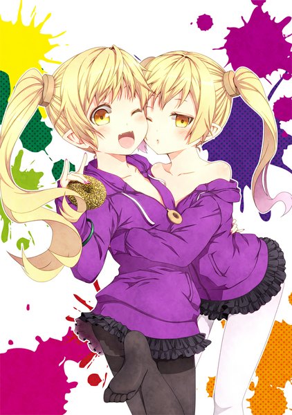 Anime picture 703x1000 with bakemonogatari shaft (studio) monogatari (series) oshino shinobu kouji (campus life) long hair tall image looking at viewer blush open mouth blonde hair standing twintails multiple girls yellow eyes one eye closed pointy ears wink off shoulder teeth