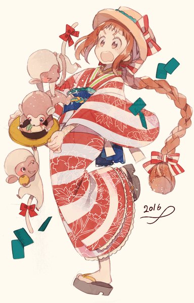 Anime picture 720x1124 with original wakanagi eku single tall image blush open mouth simple background brown hair standing brown eyes payot braid (braids) very long hair traditional clothes japanese clothes :o single braid standing on one leg new year surprised