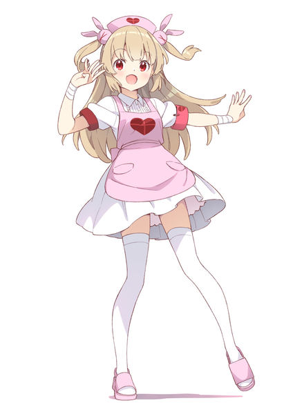 Anime picture 955x1351 with virtual youtuber sana channel natori sana kanzaki hiro single long hair tall image looking at viewer open mouth simple background blonde hair red eyes white background full body :d two side up nurse heart print girl thighhighs