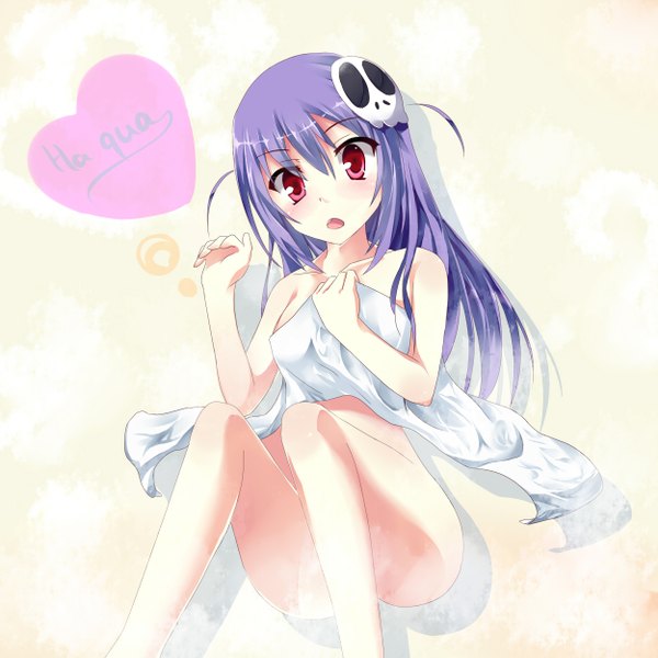 Anime picture 2500x2500 with kami nomi zo shiru sekai haqua du lot herminium eruthika single long hair blush highres light erotic red eyes absurdres purple hair covering nude cover girl hair ornament heart towel skull hair ornament