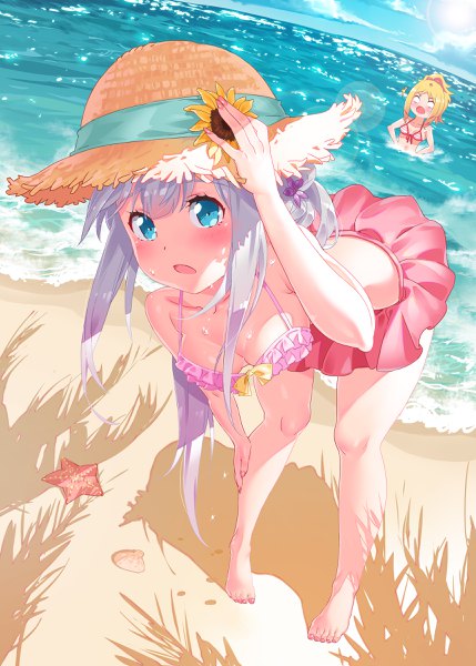 Anime picture 1715x2400 with eromanga sensei a-1 pictures izumi sagiri yamada elf waterring long hair tall image looking at viewer blush highres breasts open mouth blue eyes light erotic blonde hair multiple girls sky cleavage silver hair cloud (clouds)
