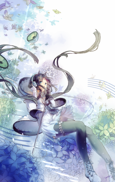 Anime picture 736x1159 with utau xia yu yao spencer sais single tall image fringe blue eyes black hair smile twintails very long hair open clothes wide sleeves open jacket low twintails looking up lacing girl dress flower (flowers)