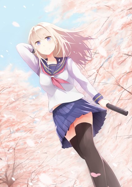 Anime-Bild 1416x2000 mit original ckros-15 single long hair tall image blush fringe blonde hair smile purple eyes holding sky outdoors pleated skirt wind zettai ryouiki cherry blossoms arm behind head walking upskirt