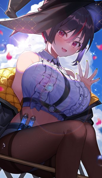 Anime picture 2500x4369 with virtual youtuber indie virtual youtuber isonade orca amahara subaru single tall image looking at viewer blush fringe highres short hair breasts open mouth light erotic black hair smile hair between eyes red eyes large breasts sitting