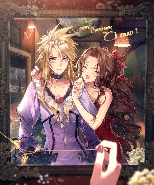 Anime picture 1000x1196 with final fantasy final fantasy vii final fantasy vii remake square enix aerith gainsborough cloud strife kieta long hair tall image looking at viewer blush open mouth blue eyes blonde hair brown hair eyes closed embarrassed drill hair reflection ^ ^