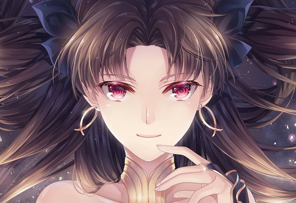 Anime picture 1063x729 with fate (series) fate/grand order ishtar (fate) silverbin single long hair looking at viewer black hair red eyes two side up girl ribbon (ribbons) hair ribbon earrings