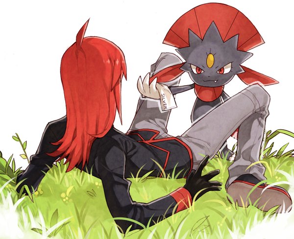 Anime picture 1158x942 with pokemon pokemon heartgold and soulsilver nintendo silver (pokemon) weavile arutera long hair red eyes ahoge red hair from behind reclining gen 4 pokemon boy gloves plant (plants) animal grass