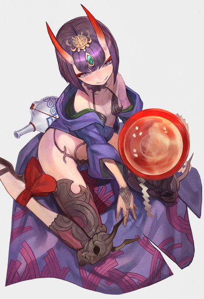 Anime picture 1024x1500 with fate (series) fate/grand order shuten douji (fate) lack single tall image fringe short hair light erotic simple background smile sitting purple eyes purple hair traditional clothes japanese clothes horn (horns) from above grey background fang (fangs)