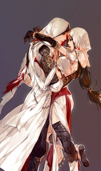 Anime picture 595x1000 with assassin's creed (game) ibuki satsuki long hair tall image blue eyes simple background brown hair couple hug soles face to face eye contact girl boy gloves elbow gloves bracelet hood knee boots arabian clothes