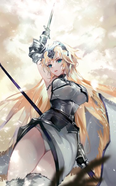 Anime picture 1502x2403 with fate (series) fate/apocrypha jeanne d'arc (fate) (all) jeanne d'arc (fate) vardan single long hair tall image looking at viewer fringe breasts light erotic blonde hair hair between eyes large breasts standing holding cloud (clouds) outdoors parted lips