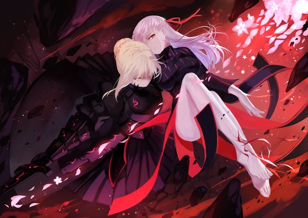 Anime-Bild 1920x1358 mit fate (series) fate/unlimited codes type-moon artoria pendragon (all) saber alter matou sakura dark sakura joseph lee long hair fringe highres short hair blonde hair red eyes multiple girls yellow eyes white hair barefoot bare legs girl