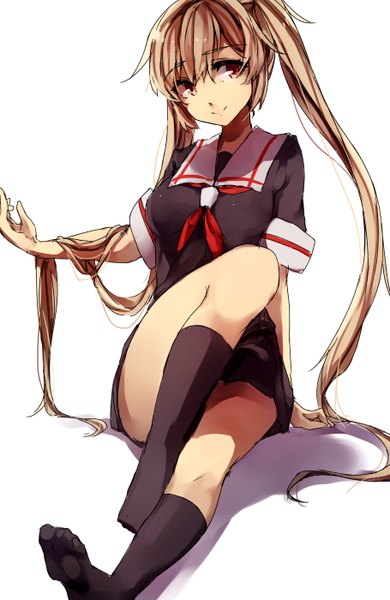 Anime picture 910x1400 with kantai collection murasame destroyer kyouya (mukuro238) single tall image fringe simple background smile red eyes brown hair white background sitting twintails looking away bent knee (knees) very long hair arm support short sleeves no shoes soles