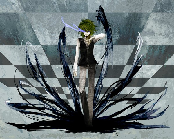 Anime picture 2000x1600 with black rock shooter durarara!! brains base (studio) heiwajima shizuo chiho single highres short hair open mouth blue eyes blonde hair shadow checkered background parody boy shirt glasses pants vest
