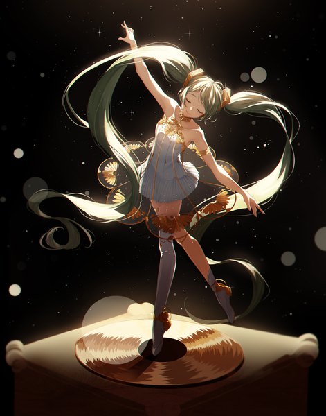Anime picture 3533x4503 with vocaloid miku symphony (vocaloid) hatsune miku gramophone miku arahe single tall image fringe highres simple background smile twintails payot absurdres full body eyes closed very long hair arm up green hair sparkle