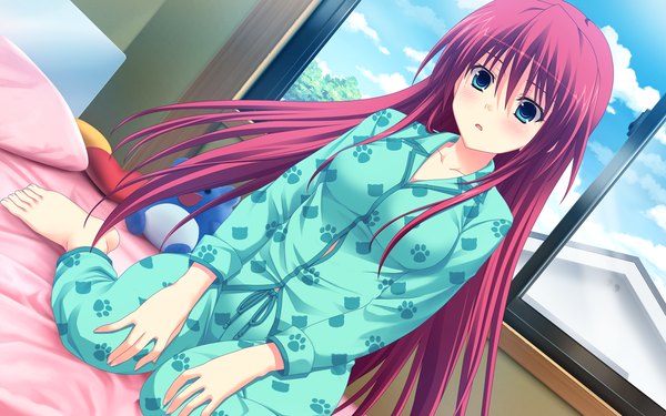 Anime picture 1280x800 with zutto tsukushite ageru no! aridome mao long hair blush blue eyes wide image game cg red hair girl bed pajamas