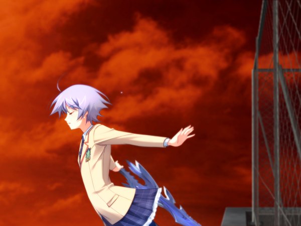 Anime picture 1280x960 with chaos;head kishimoto ayase short hair blue hair sky skirt sword serafuku