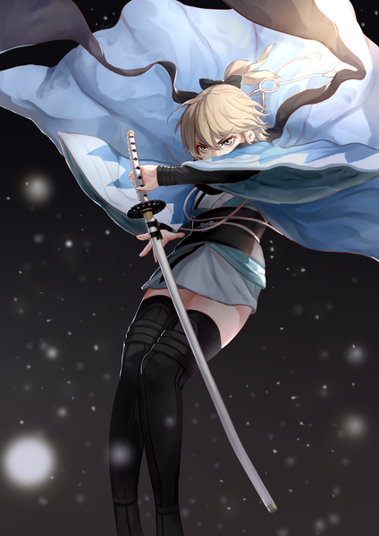 Anime picture 2480x3507 with fate (series) fate/grand order koha-ace okita souji (fate) (all) okita souji (koha-ace) lanzi (415460661) single tall image fringe highres short hair simple background blonde hair hair between eyes holding looking away ahoge bent knee (knees) long sleeves traditional clothes