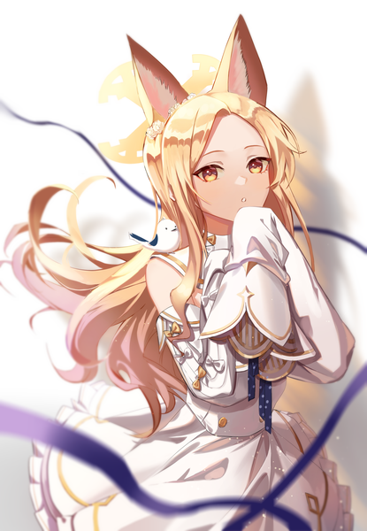 Anime picture 2632x3808 with blue archive seia (blue archive) dust (mth) single long hair tall image looking at viewer highres blonde hair white background animal ears yellow eyes :o shadow animal on shoulder bird on shoulder girl ribbon (ribbons) detached sleeves animal