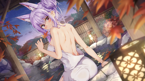 Anime-Bild 2400x1350 mit original kuria (clear trip second) single long hair looking at viewer blush fringe highres breasts light erotic smile hair between eyes red eyes wide image sitting holding animal ears payot purple hair outdoors