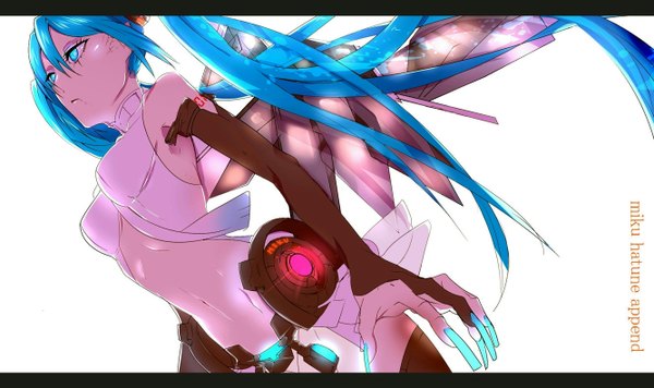Anime picture 1334x792 with vocaloid vocaloid append hatsune miku hatsune miku (append) domino (artist) single long hair blue eyes simple background wide image white background twintails bare shoulders blue hair nail polish fingernails inscription tattoo glowing glowing eye (eyes)