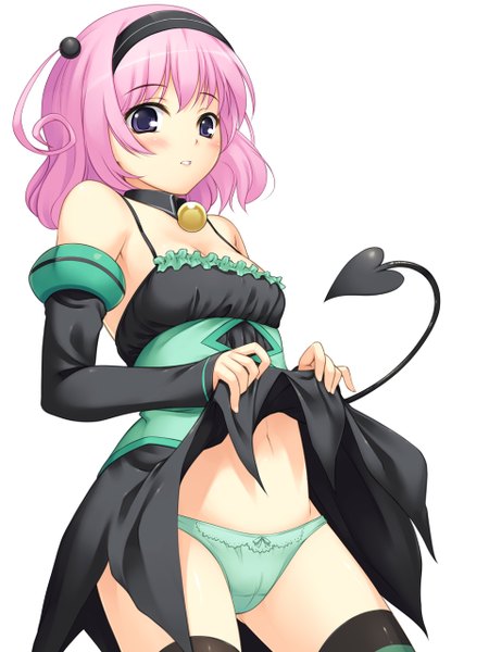 Anime picture 960x1280 with toloveru xebec momo velia deviluke orange (satsurikukuma) single tall image blush short hair light erotic simple background white background purple eyes bare shoulders pink hair tail cameltoe dress lift girl thighhighs underwear