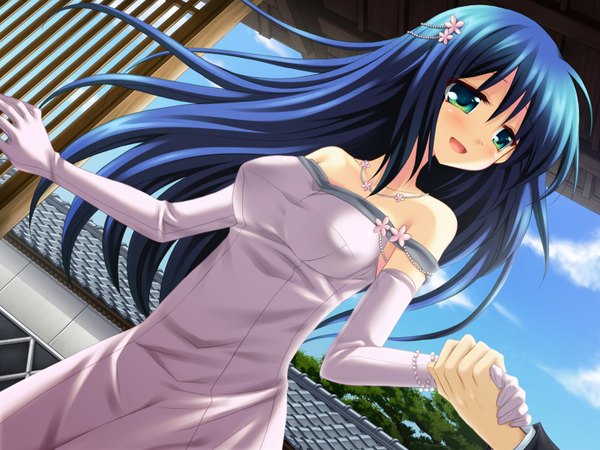 Anime picture 1600x1200 with hanafubuki amafuki setsuka blush green eyes blue hair game cg dress wedding dress