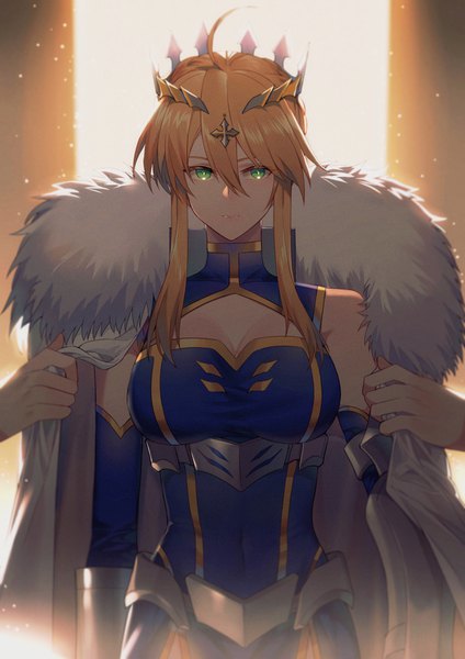 Anime picture 2480x3508 with fate (series) fate/grand order artoria pendragon (all) artoria pendragon (lancer) yorukun tall image looking at viewer fringe highres short hair breasts blonde hair hair between eyes standing green eyes payot cleavage upper body ahoge fur trim