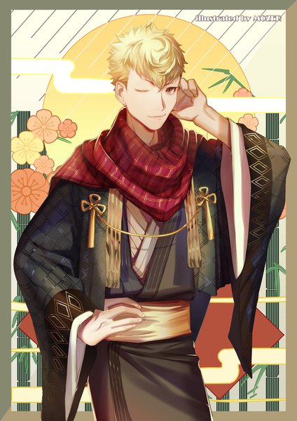 Anime picture 2480x3508 with persona 5 persona sakamoto ryuuji mozer (zerlinda) single tall image looking at viewer fringe highres short hair blonde hair smile standing brown eyes signed traditional clothes japanese clothes one eye closed wink wide sleeves