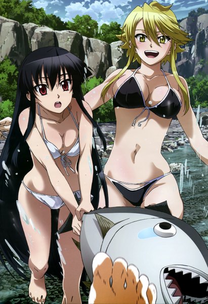 Anime picture 4076x5939 with akame ga kill! white fox nyantype akame (akame ga kill!) leone (akame ga kill!) long hair tall image highres short hair open mouth light erotic black hair blonde hair red eyes multiple girls yellow eyes absurdres official art girl navel