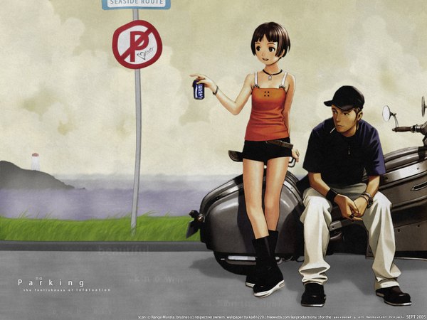 Anime picture 1600x1200 with robot (manga) pocari sweat range murata short hair brown hair brown eyes signed third-party edit 2005 girl boy plant (plants) hat grass ground vehicle baseball cap can motorcycle traffic sign
