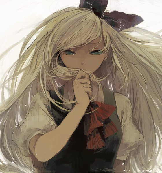 Anime picture 1400x1500 with super dangan ronpa 2 sonia nevermind met-tha single long hair tall image looking at viewer simple background blonde hair white background green eyes puffy sleeves finger to mouth girl bow hair bow