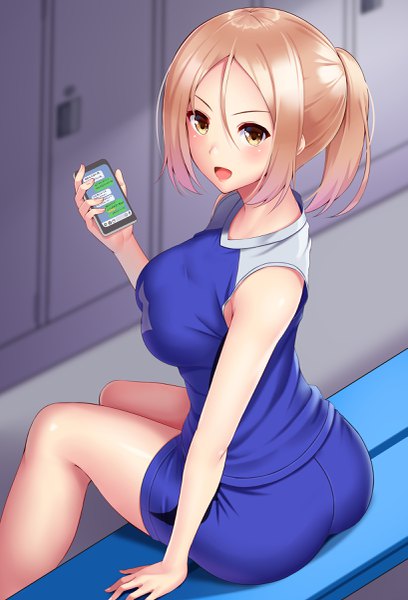 Anime picture 1634x2400 with original huyumitsu single tall image looking at viewer blush fringe short hair breasts open mouth blonde hair hair between eyes sitting holding brown eyes payot ponytail looking back sleeveless locker room