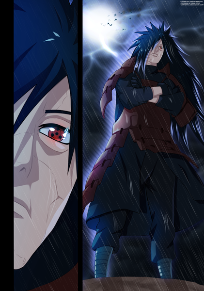 Anime picture 2105x3000 with naruto studio pierrot naruto (series) uchiha madara gray-dous long hair tall image fringe highres black hair red eyes sky cloud (clouds) hair over one eye coloring light close-up crossed arms rain sharingan