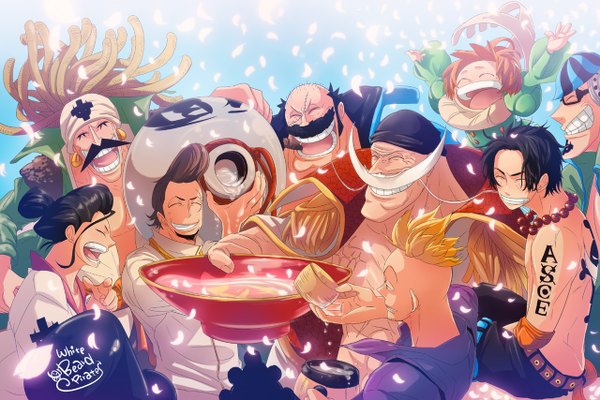 Anime picture 1280x854 with one piece toei animation portgas d. ace marco (one piece) edward newgate izou (one piece) thatch haruta (one piece) curiel fossa rakuyou nyuu men onemani long hair short hair black hair blonde hair eyes closed japanese clothes tattoo