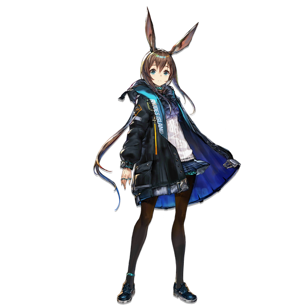 Anime picture 1024x1024 with arknights amiya (arknights) yui (niikyouzou) single long hair looking at viewer fringe blue eyes hair between eyes brown hair standing animal ears full body pleated skirt open jacket official art bunny ears low ponytail transparent background girl