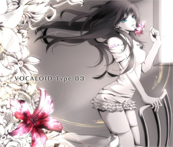 Anime picture 1100x935 with vocaloid megurine luka aonoe single long hair black hair bare shoulders aqua eyes girl thighhighs flower (flowers) white thighhighs chair