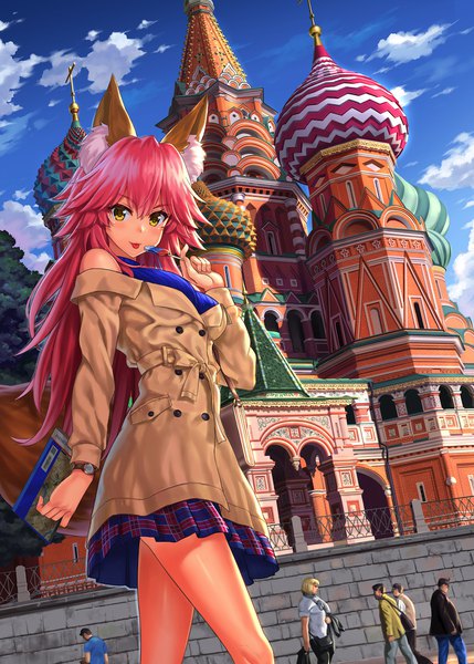Anime picture 800x1119 with fate (series) fate/extra tamamo (fate) (all) tamamo no mae (fate) npcpepper long hair tall image looking at viewer blush fringe breasts smile hair between eyes large breasts standing bare shoulders holding animal ears yellow eyes payot