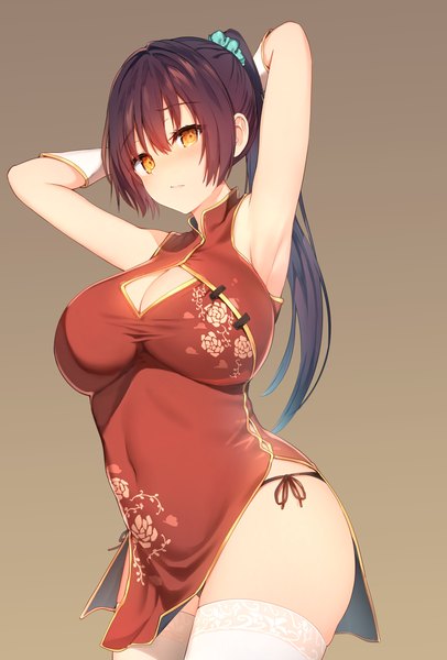 Anime picture 3696x5457 with original sune (mugendai) single long hair tall image looking at viewer blush fringe highres breasts light erotic black hair simple background hair between eyes large breasts standing payot absurdres cleavage traditional clothes