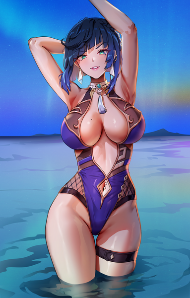 Anime picture 3000x4700 with genshin impact yelan (genshin impact) foxyrain single tall image looking at viewer blush fringe highres short hair breasts light erotic smile large breasts standing green eyes blue hair cleavage outdoors blunt bangs