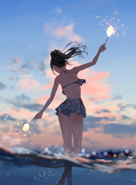 Anime picture 1106x1500 with original sousou (sousouworks) single long hair tall image light erotic black hair standing sky cloud (clouds) outdoors ponytail from behind blurry depth of field partially submerged floral print girl swimsuit bikini