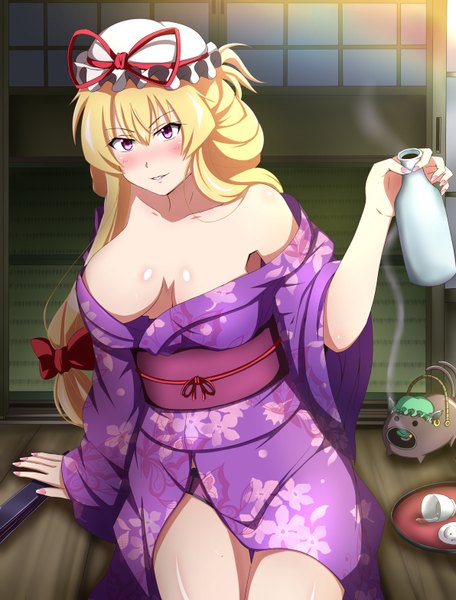 Anime picture 2384x3138 with touhou yakumo yukari kyoukyan single long hair tall image highres breasts light erotic blonde hair smile large breasts purple eyes bare shoulders holding nail polish head tilt fingernails wide sleeves arm support