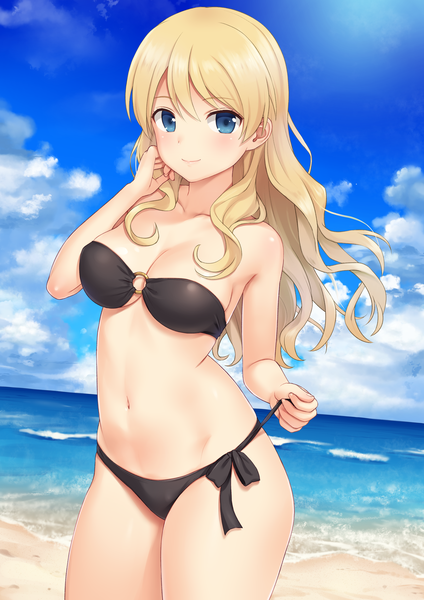 Anime-Bild 2894x4093 mit girls und panzer darjeeling (girls und panzer) n.g. single long hair tall image looking at viewer blush fringe highres breasts blue eyes light erotic blonde hair smile hair between eyes standing sky cleavage cloud (clouds)