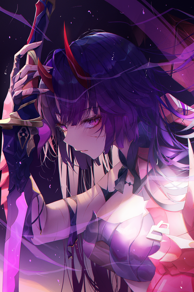Anime picture 1869x2800 with honkai impact 3rd honkai (series) raiden mei raiden mei (herrscher of thunder) turbulence single long hair tall image looking at viewer fringe highres breasts light erotic large breasts purple eyes holding purple hair upper body blunt bangs arm up