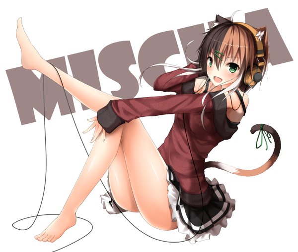 Anime picture 3752x3188 with original mage (335656) single looking at viewer blush highres short hair open mouth light erotic black hair brown hair sitting green eyes animal ears absurdres ahoge white hair tail animal tail pleated skirt
