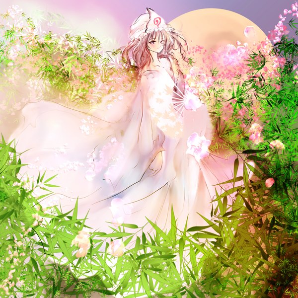Anime picture 2000x2000 with touhou saigyouji yuyuko nyago single looking at viewer highres short hair smile pink hair sky pink eyes girl dress hair ornament flower (flowers) plant (plants) fan bamboo