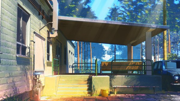 Anime picture 1920x1080 with everlasting summer iichan eroge arsenixc vvcephei highres wide image game cg sunlight shadow wallpaper no people scenic collaboration camp plant (plants) tree (trees) window building (buildings) ground vehicle stairs