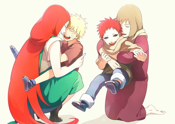 Anime picture 1000x708 with naruto studio pierrot naruto (series) pixiv uzumaki naruto gaara uzumaki kushina karura (naruto) oba-min short hair open mouth blonde hair smile red hair eyes closed very long hair barefoot shadow no shoes hug